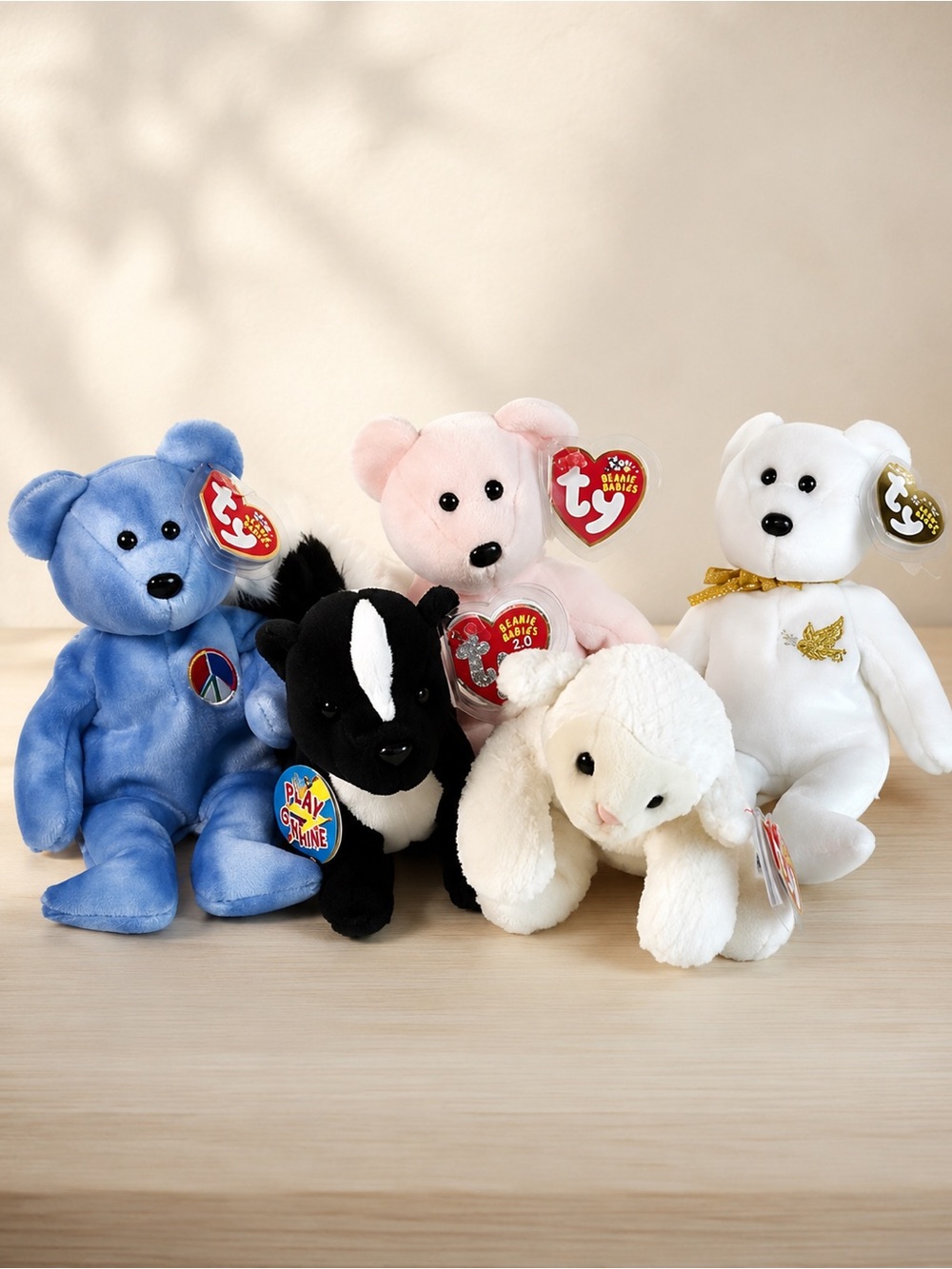 5 TY Beanie Babies 2-Curly, Holy Father, Beanie Babies 2.0 Skunk & Lamb – NWTS